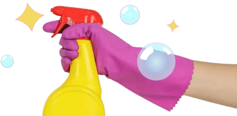 Hand in a pink rubber glove holding a yellow spray bottle with a red trigger, surrounded by floating bubbles and yellow sparkles.